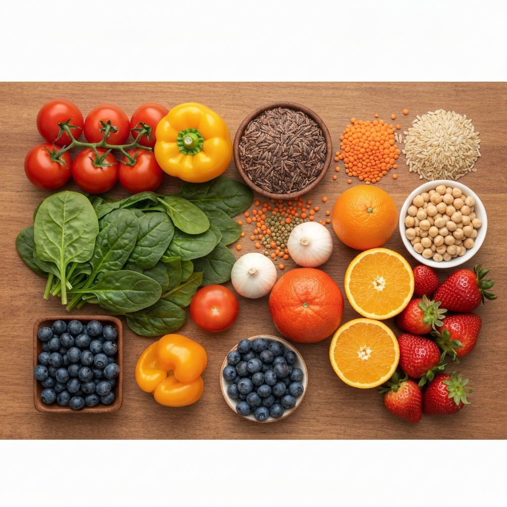 Diverse food groups and whole foods arranged together